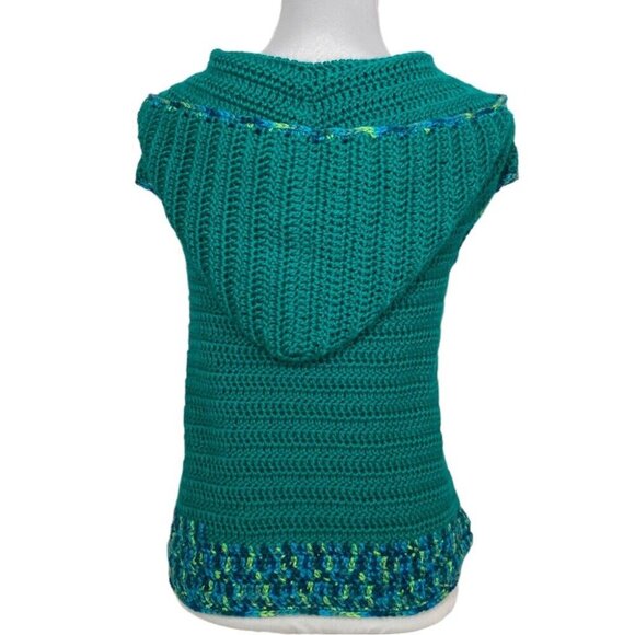 Handmade Women's New Green Crochet Hooded Cap Sleeve Knit Sweater S/C35 - Picture 5 of 5